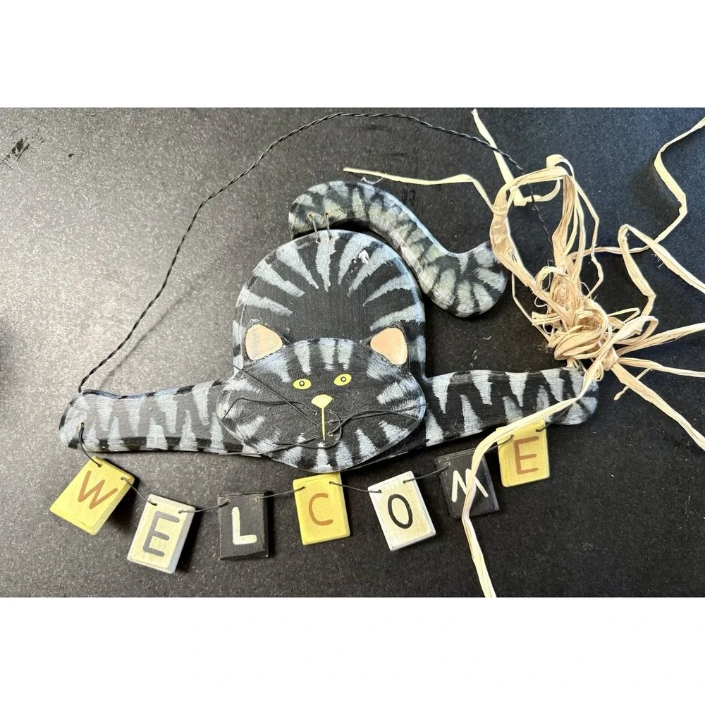 Handmade Black Cat Wall Hanging & Cat Mug Pottery Halloween Folk Art Set